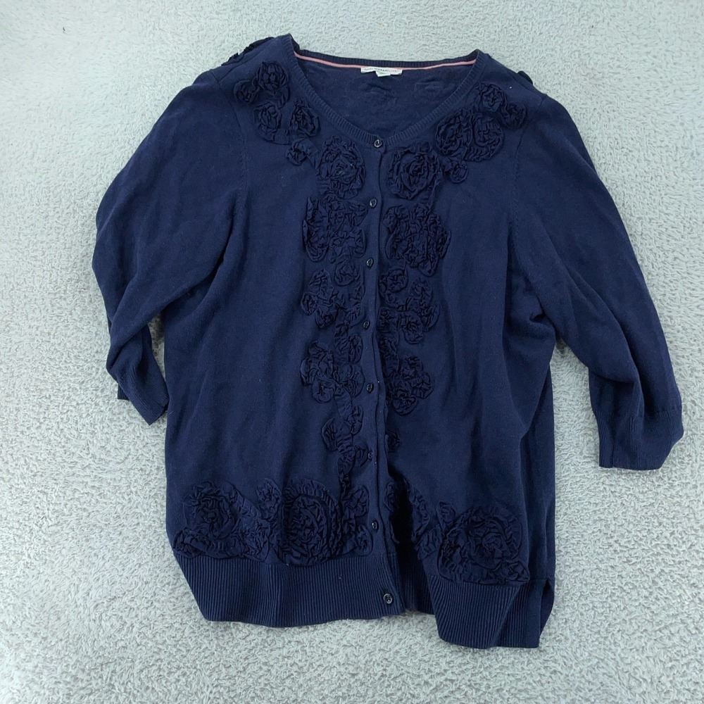 Isaac Mizrahi Live Cardigan Sweater Womens 1X Navy Rosette Applique Button Front
